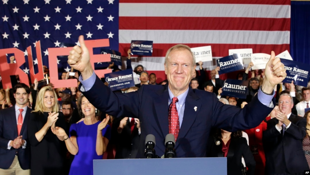 Ứng cử viên Bruce Rauner thuộc đảng Cộng hòa ăn mừng chiến thắng trước ứng cử viên thống đốc thuộc đảng Dân chủ Pat Quinn, ở Chicago, Illinois, ngày 4/11/2014.