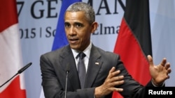 U.S. President Barack Obama holds a news conference at the conclusion of the G-7 Summit in the Bavarian town of Kruen, Germany, June 8, 2015. 