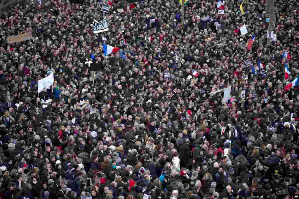 Thousands of people fill France&rsquo;s iconic Republique Square in Paris, Jan. 11, 2015.
