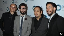 FILE - Chester Bennington, Brad Delson, Joe Hahn and Mike Shinoda (Linkin Park) at An Evening of Environmental Excellence Presented By The UCLA Institute of The Environment and Sustainability.