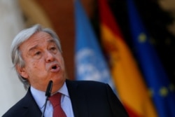 FILE - U.N. Secretary-General Antonio Guterres speaks at a news conference during a visit to Madrid, Spain, July 2, 2021.