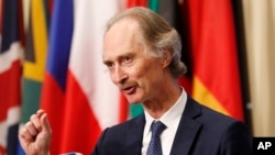 FILE - United Nations Special Envoy for Syria Geir Pedersen gestures as he speaks to the media following a U.N. Security Council meeting on Syria at U.N. headquarters in New York, April 30, 2019.