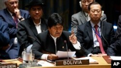 El presidente de Bolivia, Evo Morales, habla durante una sesión del Consejo de Seguridad de las Naciones Unidas sobre contraproliferación, presidida por el mandatario estadounidense Donald Trump, en la Asamblea General de la ONU. Nueva York, septiembre 26 de 2018.