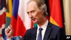 United Nations Special Envoy for Syria Geir Pedersen gestures as he speaks to the media following a U.N. Security Council meeting on Syria at U.N. headquarters in New York, April 30, 2019. 