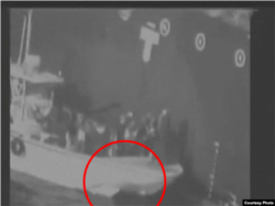 Screengrab from CENTCOM video suggesting Iranian involvement in a tanker attack, June 13, 2019.