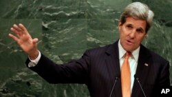 U.S. Secretary of State John Kerry addresses the 2015 Nuclear Nonproliferation Treaty (NPT) review conference, in the United Nations General Assembly, Monday, April 27, 2015. (AP Photo/Richard Drew)