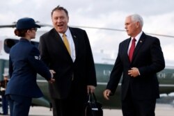Vice President Mike Pence and Secretary of State Mike Pompeo arrive at Andrews Air Force Base, Md., Oct. 16, 2019, as they depart en route to Turkey.