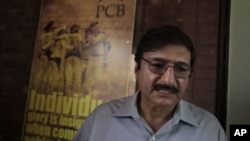 Zaka Ashraf, chief of Pakistan Cricket Board gives details of upcoming Pakistan-Indian cricket series to reporters, in Lahore, Pakistan, July 16, 2012.