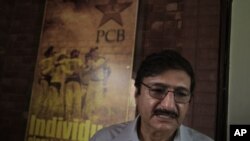 Zaka Ashraf, Chief of Pakistan Cricket Board gives details of upcoming Pakistan-Indian cricket series to reporters, in Lahore, Pakistan, July 16, 2012.