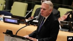 FILE - French Foreign Minister Jean-Marc Ayrault speaks during a meeting addressing actions and cooperation on the large movement of refugees and migrants, Sept. 19, 2016, at U.N. headquarters. 