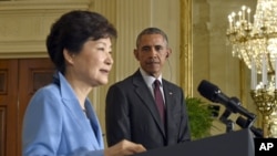 At a joint news conference Friday at the White House, Korean President Park Geun-hye, left, and U.S. President Barack Obama showed unity in dealing with North Korea.