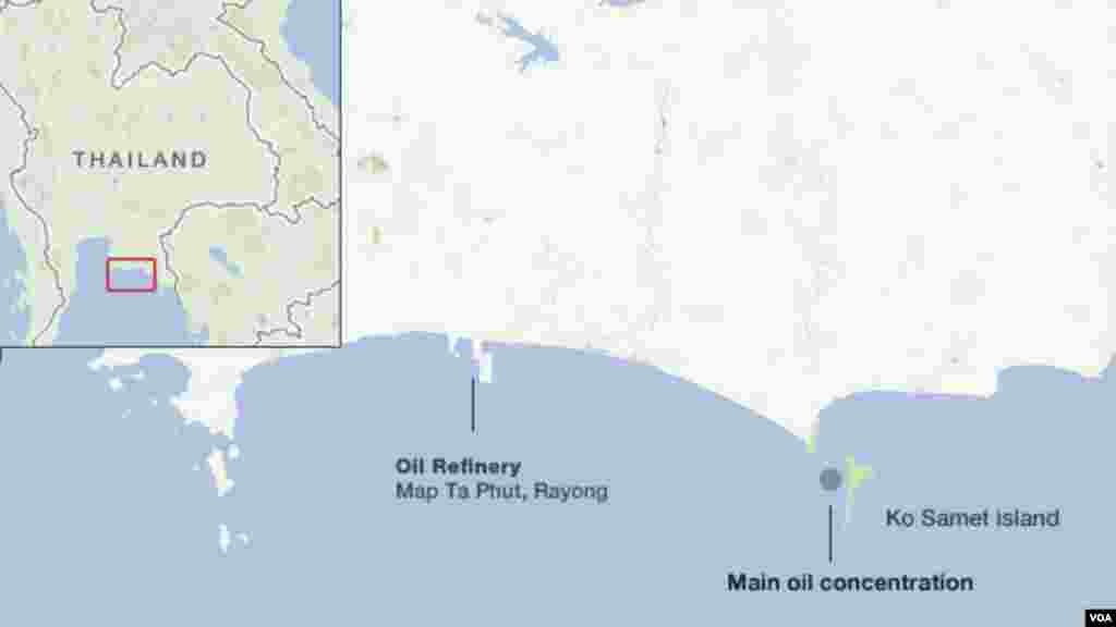 Tumpahan minyak saat ini terjadi di barat laut Pulau Samet di Teluk Thailand. Konsentrasi minyak terutama di teluk dekat Resor Ao Prao. Kilang minyak yang memasok pipa dioperasikan oleh PTT Global Chemical Plc.