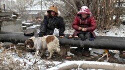 Sasha, 49, nicknamed "Poltorashka" (a 1.5-liter beverage bottle) and Lyusya Stepanova, 44, both of whom are homeless, sit on a warm pipe with their dog, Bim, as they share a meal in Omsk on December 3, 2019.