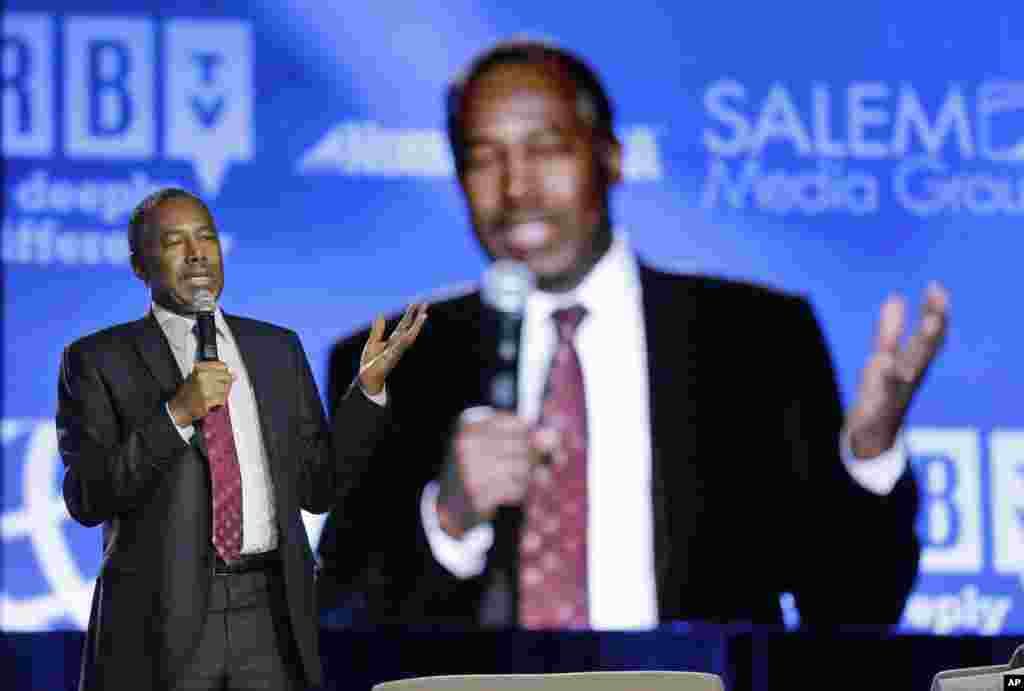 Republican presidential candidate retired neurosurgeon Ben Carson speaks at the National Religious Broadcasters convention in Nashville, Tennessee, Feb. 26, 2016.