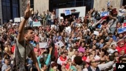 FILE - Egyptians shout slogans against Egyptian President Abdel-Fattah el-Sissi during a protest against the decision to hand over control of two strategic Red Sea islands to Saudi Arabia in front of the Press Syndicate, in Cairo, Egypt, Friday, April 15, 2016. 