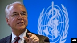 FILE - U.S. Health and Human Services Secretary Tom Price speaks during an event at the World Health Organization office in Beijing, Aug. 21, 2017. 