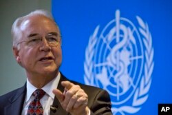 FILE - U.S. Health and Human Services Secretary Tom Price speaks during an event titled "The Next Pandemic" at the World Health Organization office in Beijing, Aug. 21, 2017.