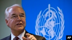 FILE - Tom Price speaks at the World Health Organization office in Beijing, Aug. 21, 2017. Price resigned Sept. 29, 2017, as U.S. health and human services secretary.