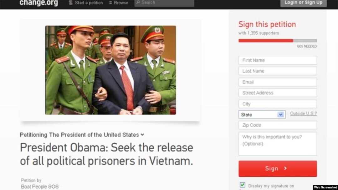 Thỉnh nguyện thư do Ủy ban Cứu người Vượt biển BPSOS khởi xướng trên trang Change.org của Tòa Bạch Ốc kêu gọi chính quyền của Tổng thống Obama yêu cầu Việt Nam phải cải thiện nhân quyền trước khi mở rộng giao thương với Hà Nội.