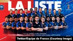 Les 23 joueurs de l’équipe de France retenus sur la liste de Didier Deschamps, 26 juin 2018. (Twitter/Equipe de France) 