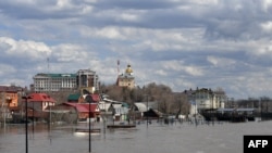 A view of the flooded city of Orenburg on April 13, 2024. Russian emergency services on April 13, 2024 said they had evacuated thousands of people from the Orenburg region in the south of the Urals as flood water continued to rise.