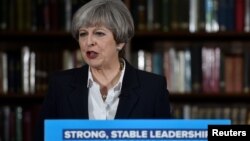 Britain's Prime Minister Theresa May delivers a campaign speech in central London, Britain, June 5, 2017. 