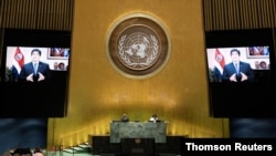 El presidente de Costa Rica, Carlos Alvarado Quesada, habla virtualmente durante la 75a Asamblea General anual de la ONU.