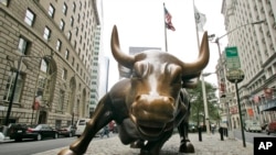 美国纽约华尔街象征牛市的铜牛。