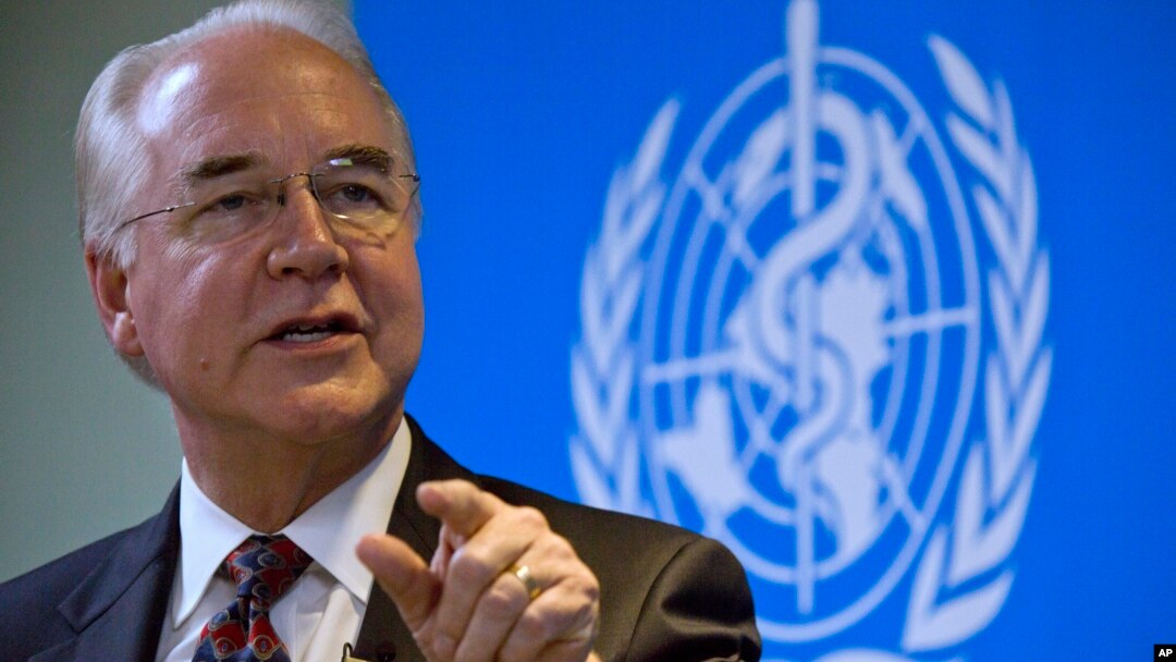 U.S. Health and Human Services Secretary Tom Price speaks during an event titled "The Next Pandemic" at the World Health Organization office in Beijing, Aug. 21, 2017. 