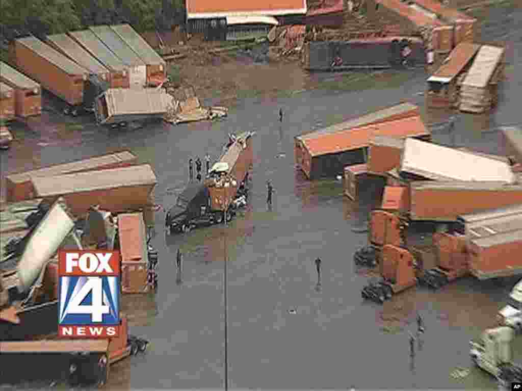 Tornado damage at a truck stop near Lancaster, Texas. (AP/KDFW-TV)