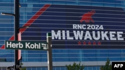 The RNC 2024 logo is seen on the Fiserv Forum ahead of the 2024 Republican National Convention on July 12, 2024, in Milwaukee, Wisconsin.