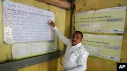 Farmer Pravinbhai Parmar shows a chart of surplus solar power sold to the Dhundi solar power producer co-operative society in Dhundi village of Kheda district in western Indian Gujarat state, India, Jan. 13, 2023.