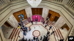 Marian Enache, the president of Romania's Constitutional Court, delivers a statement to media after the court validated the first round of presidential elections in Bucharest, Dec. 2, 2024.