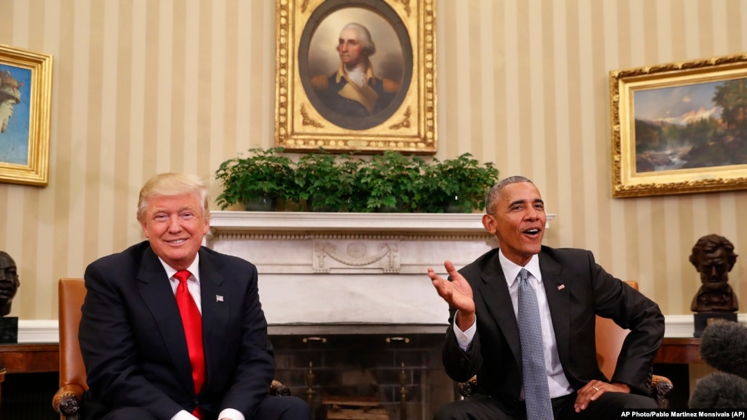 Presiden AS Barack Obama dan Presiden Terpilih Donald Trump dalam pertemuan di Gedung Putih, November 2016. (AP/Pablo Martinez Monsivais)