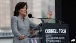 NYC New York State Lieutenant Governor Kathy Hochul speaks during a ceremonial ground breaking at Cornell Tech campus on Roosevelt Island in New York, June 16, 2015. Among the school's stated goals - help close the existing gender gap in the technology field.