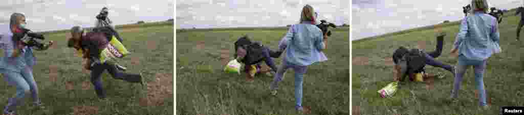 Combination picture (L to R) shows a migrant carrying a child tripping on TV camerawoman Petra Laszlo and falling while trying to escape from a collection point in Roszke village, Hungary, Sept. 8, 2015. Laszlo, a camerawoman for a private television channel in Hungary, was fired after videos of her kicking and tripping up migrants fleeing police, including a man carrying a child, spread in the media and on the internet.