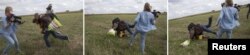 FILE - Combination picture (L to R) shows a migrant carrying a child being tripped by TV camerawoman Petra Laszlo while trying to escape from a collection point in Roszke village, Hungary, September 8, 2015.