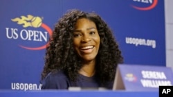 U.S. Open Tennis defending women's champion Serena Williams speaks during a press conference at the USTA Billie Jean King National Tennis Center in New York, Thursday, Aug. 27, 2015. (AP Photo/Kathy Willens)