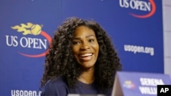 U.S. Open Tennis defending women's champion Serena Williams speaks during a press conference at the USTA Billie Jean King National Tennis Center in New York, Thursday, Aug. 27, 2015. (AP Photo/Kathy Willens)