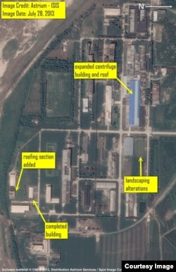 Satellite imagery of the Yongbyon Fuel Fabrication plant from July 28, 2013 showing the expansion of the gas centrifuge plant building.