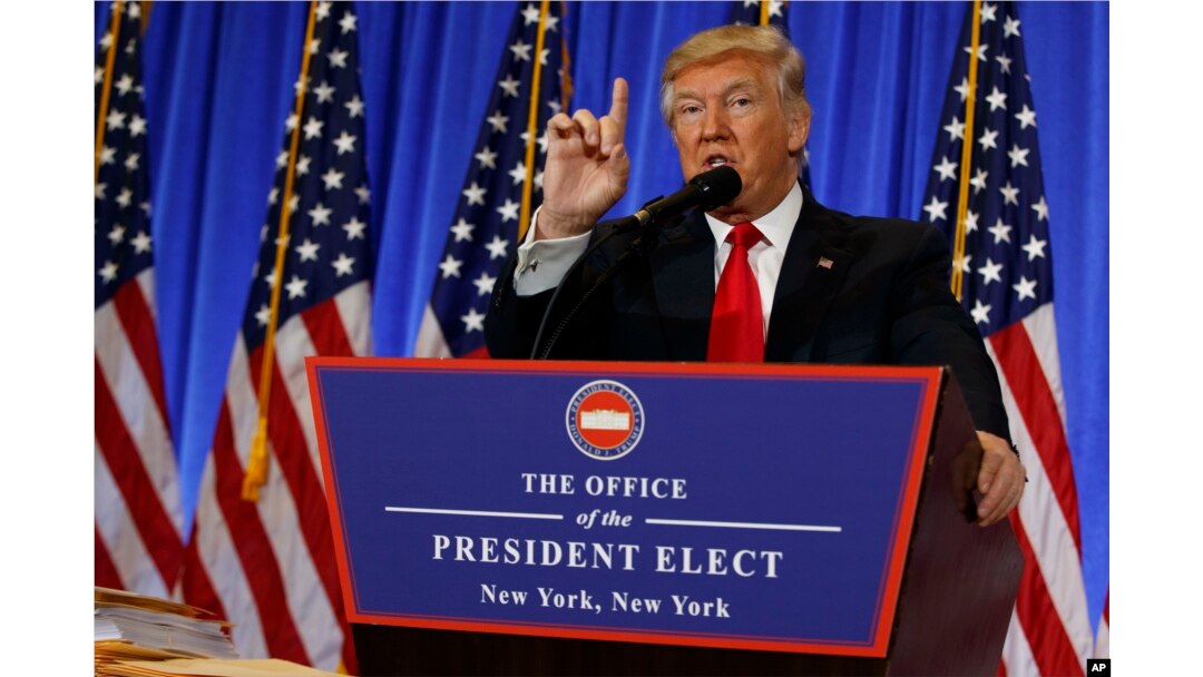 President-elect Donald Trump speaks during a news conference in the lobby of Trump Tower in New York, Jan. 11, 2017.