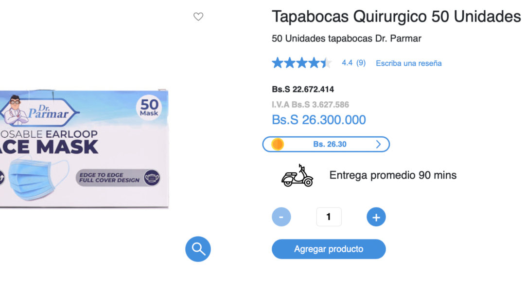 Marcaje de precios en bolívares de una caja de tapabocas en la página web de una farmacia. Foto: captura de pantalla.
