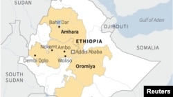 Map locating Amhara and Oromiya regions where protests occurred in Ethiopia.