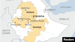 Map locating Amhara and Oromiya regions in Ethiopia.