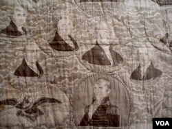 Quilt sering digunakan sebagai alat ekspresi politik. Quilt tahun 1830 ini menggambarkan tujuh presiden pertama AS sampai Andrew Jackson. (J. Taboh/VOA)