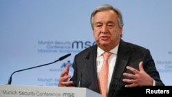 FILE - U.N. Secretary General Antonio Guterres speaks at the Munich Security Conference in Munich, Germany, Feb. 16, 2018. 