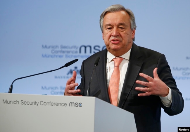 U.N. Secretary General Antonio Guterres speaks at the Munich Security Conference in Munich, Germany, Feb. 16, 2018.