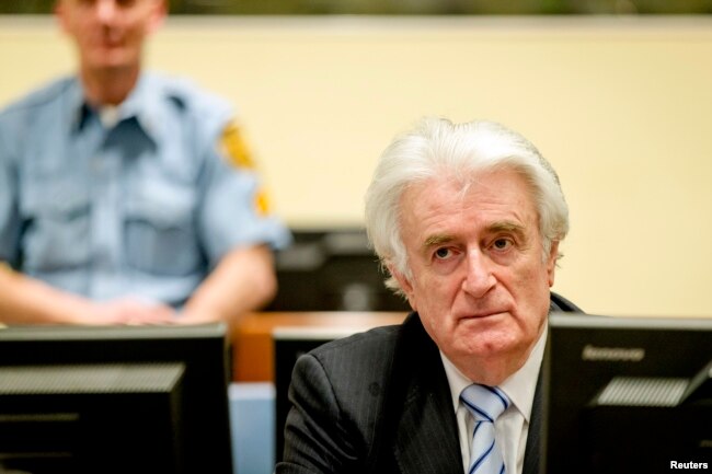 FILE - Ex-Bosnian Serb leader Radovan Karadzic sits in the court of the International Criminal Tribunal for former Yugoslavia (ICTY) in the Hague, the Netherlands, March 24, 2016.