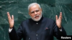 Perdana Menteri India Narendra Modi berpidato dalam Sidang Umum PBB ke-69 di markas besar PBB, New York (27/9). (Reuters/Eduardo Munoz)