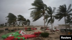 Debris litters a beach after Cyclone Mekunu in Salalah, Oman, May 26, 2018. Cyclone Mekunu blew into the Arabian Peninsula early Saturday, drenching arid Oman and Yemen with rain, downing power lines, officials said.